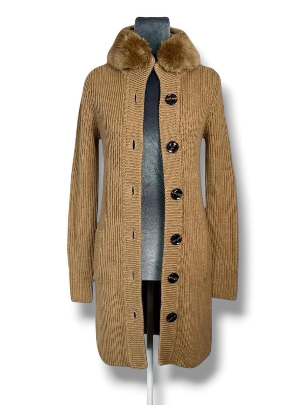 Banana Republic Faux Fur Trim Wool Blend Knit Duster Cardigan Ribbed Sweater XS